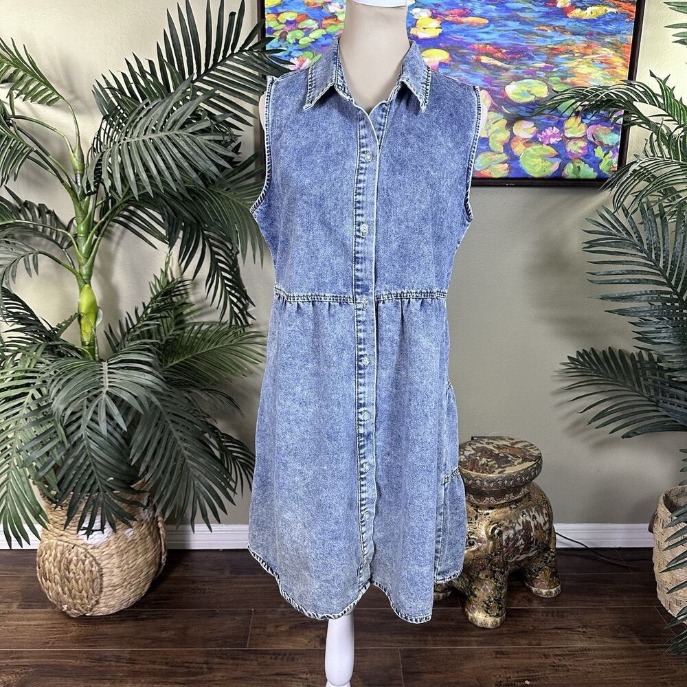 Denim Dress Women M Baby doll tiered Collar Acid wash
